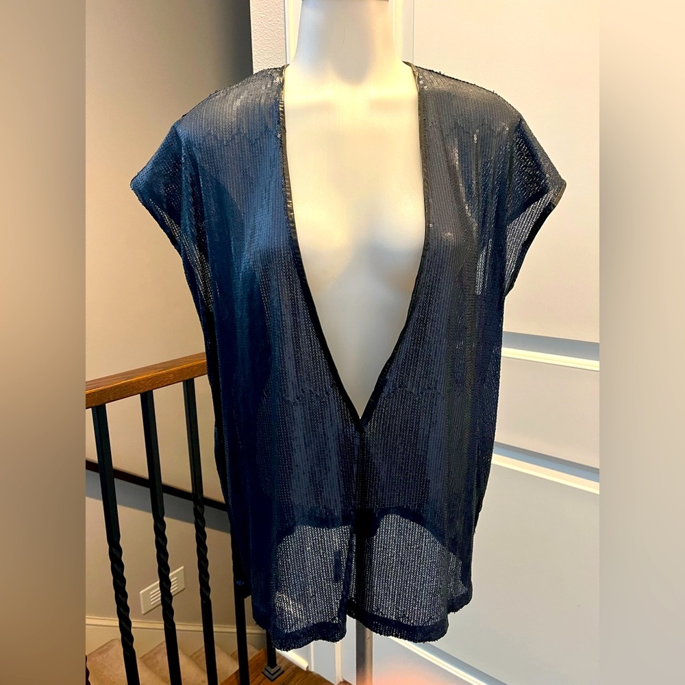 Women’s small gorgeous, deep V dark blue sequence shirt, sheer